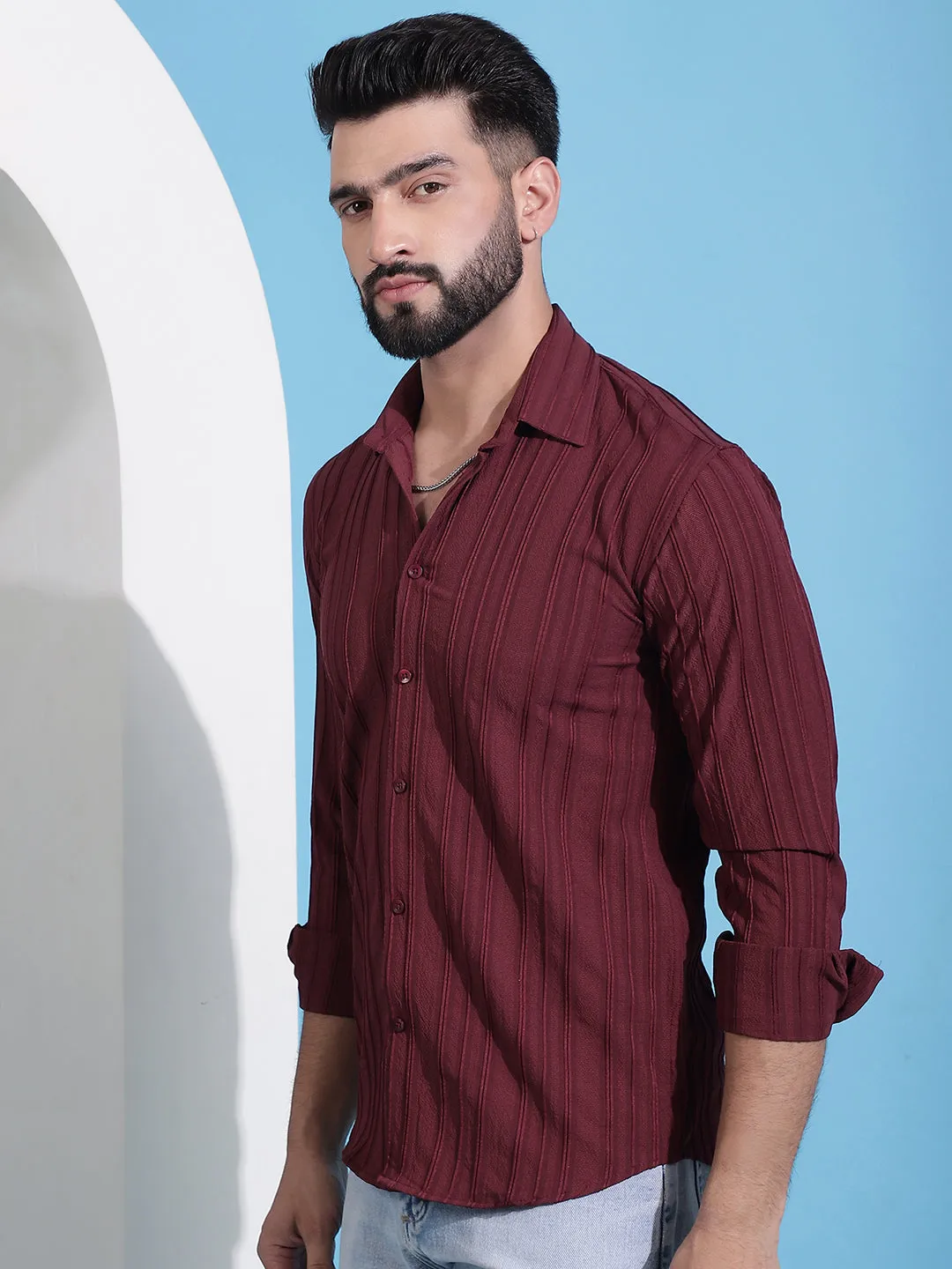 Maroon Striped Casual Shirt For Mens.