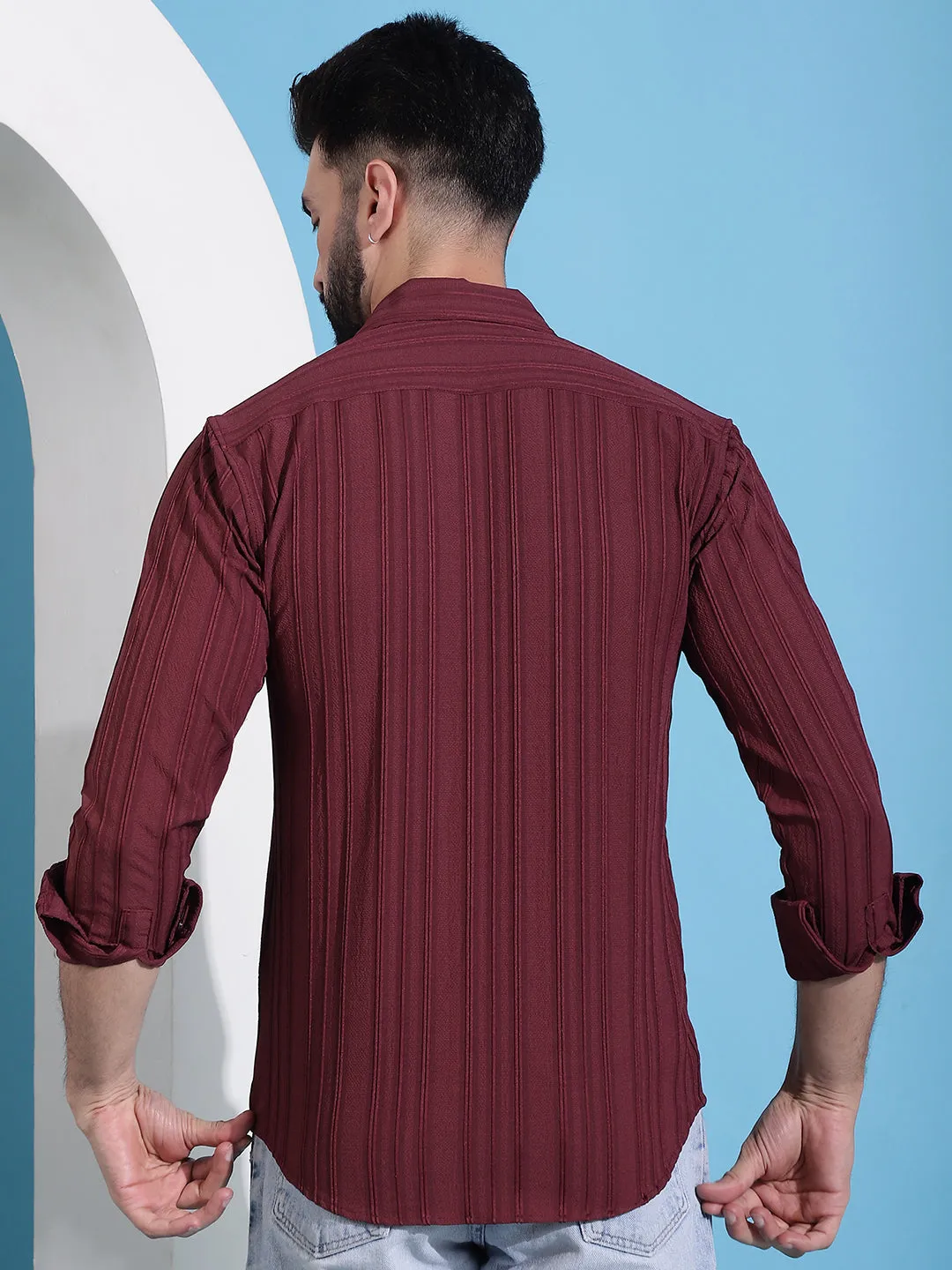 Maroon Striped Casual Shirt For Mens.
