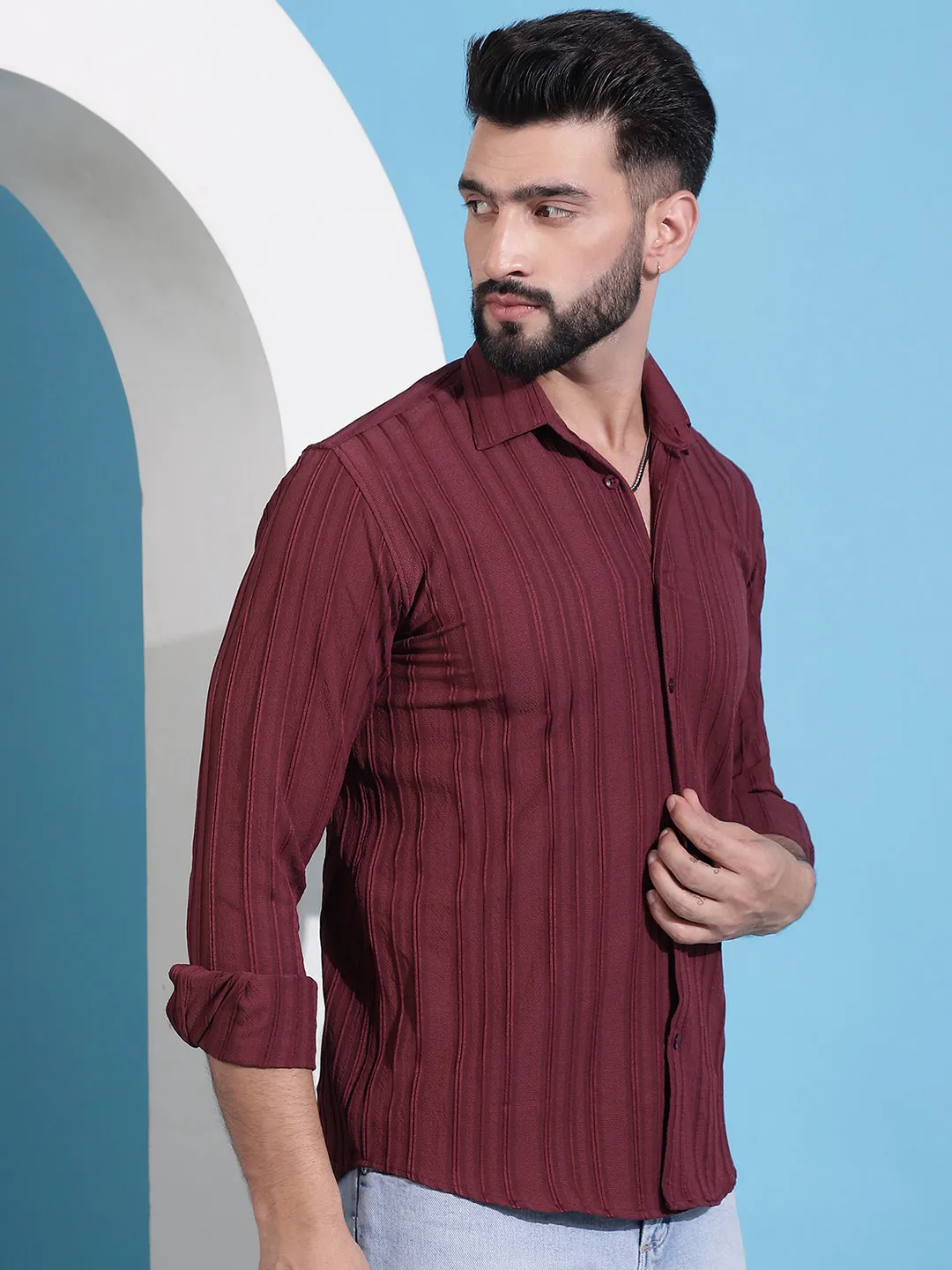 Maroon Striped Casual Shirt For Mens.