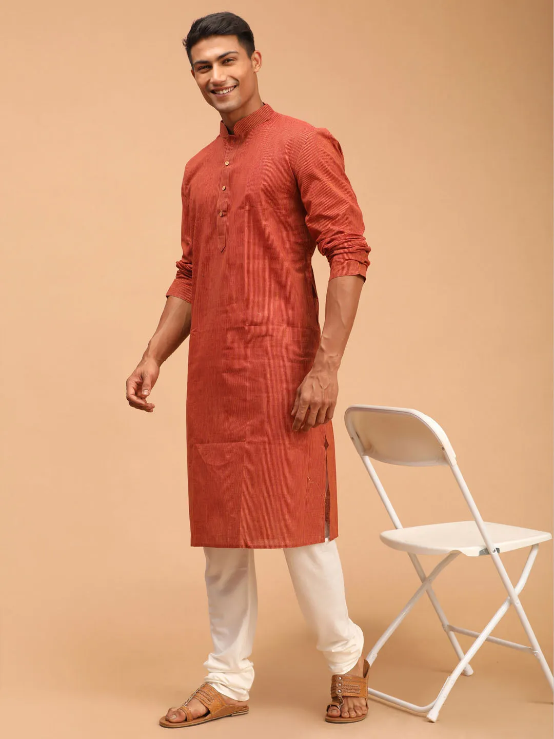 Men's Orange Pure Cotton Kurta Pyjama Set - Vastramay