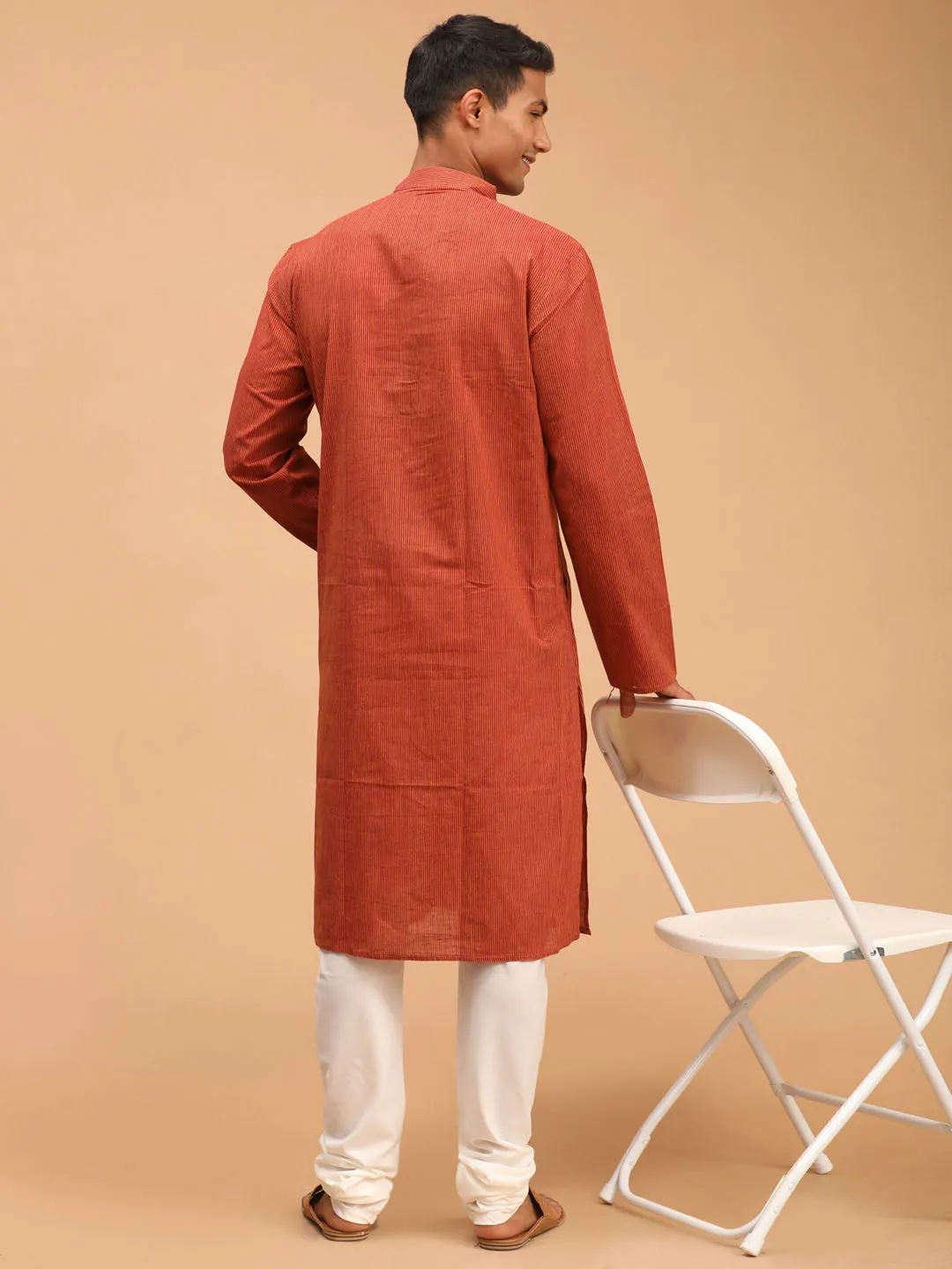 Men's Orange Pure Cotton Kurta Pyjama Set - Vastramay