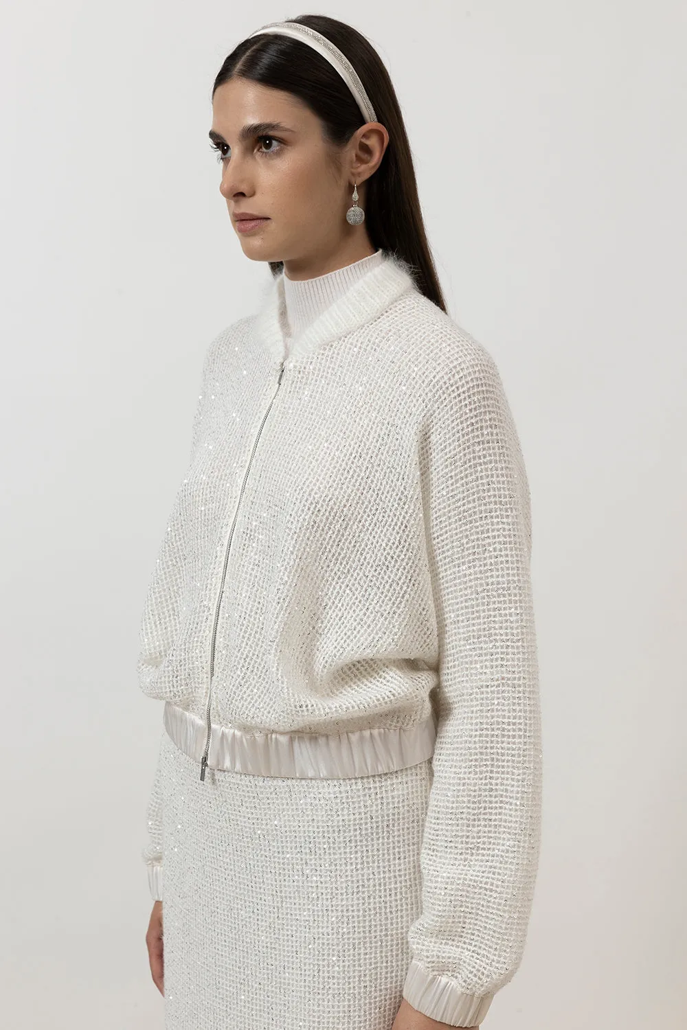 Micro sequins mesh knit bomber sweatshirt