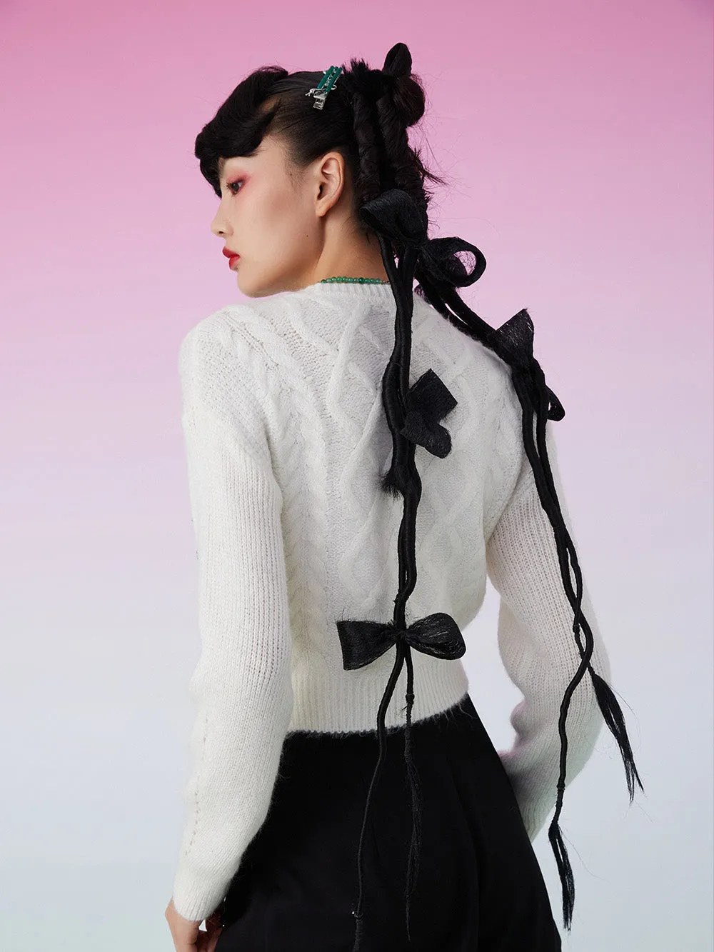 MUKZIN Knit V-Neck Beads Decorated White Cardigan