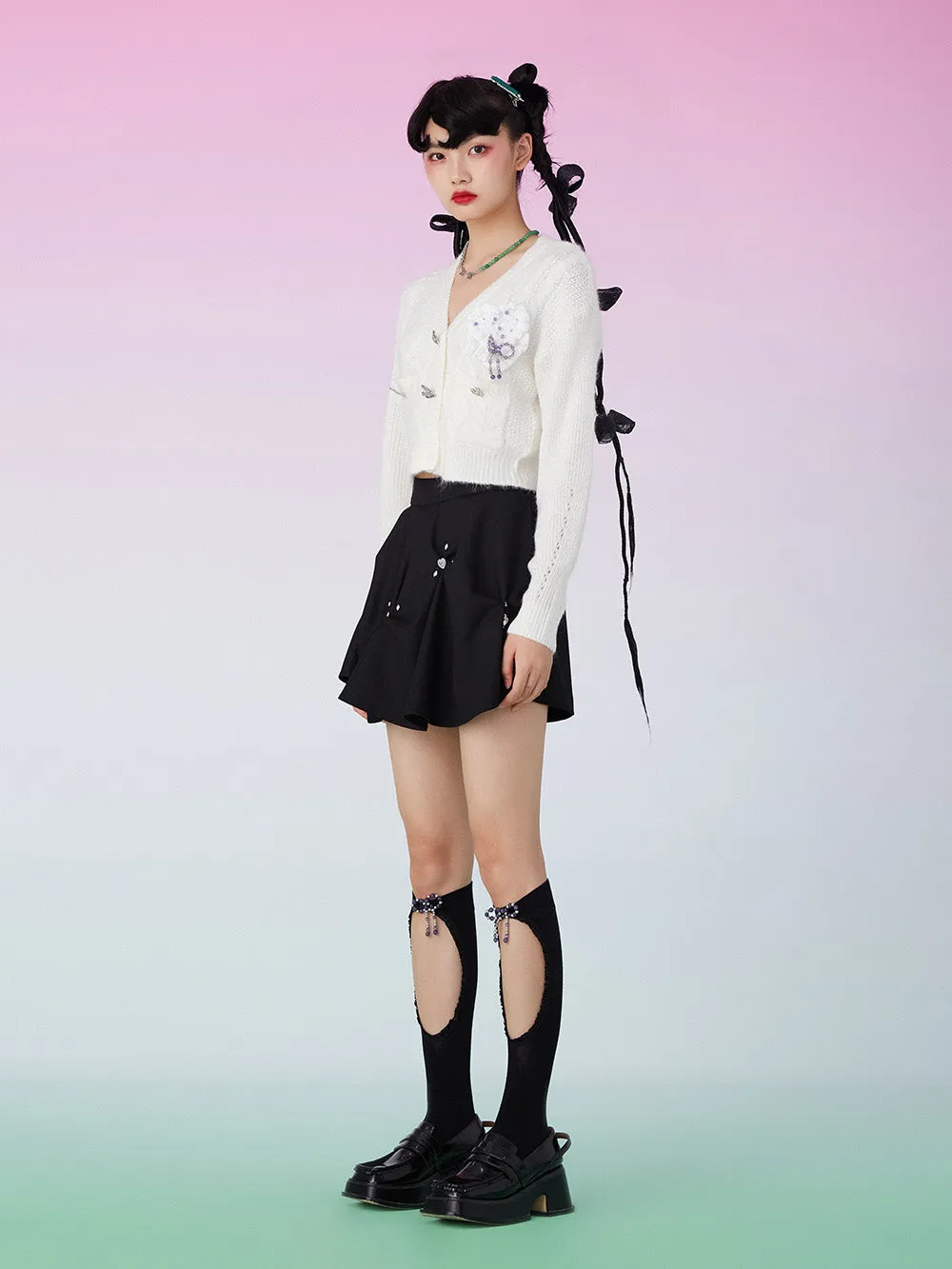 MUKZIN Knit V-Neck Beads Decorated White Cardigan