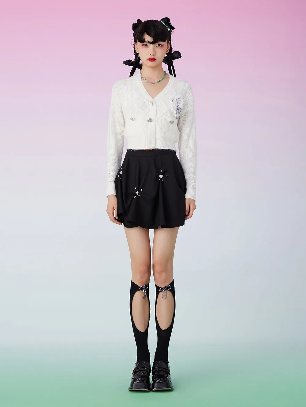 MUKZIN Knit V-Neck Beads Decorated White Cardigan