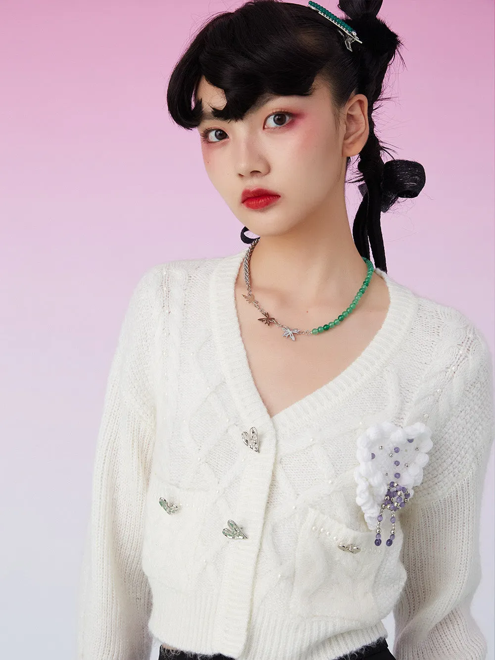 MUKZIN Knit V-Neck Beads Decorated White Cardigan