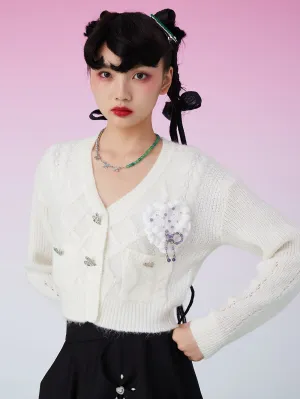 MUKZIN Knit V-Neck Beads Decorated White Cardigan