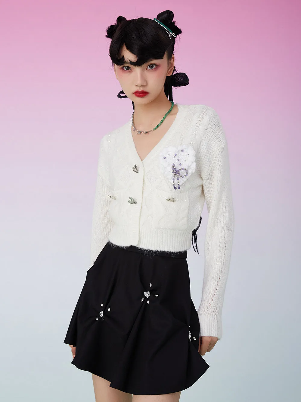 MUKZIN Knit V-Neck Beads Decorated White Cardigan