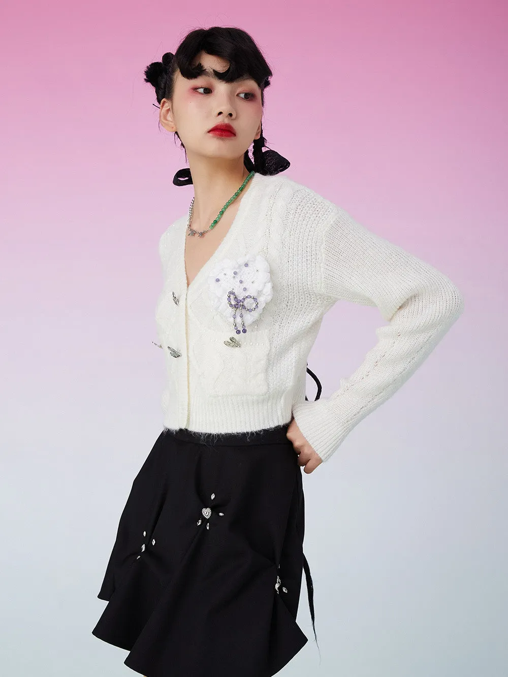MUKZIN Knit V-Neck Beads Decorated White Cardigan