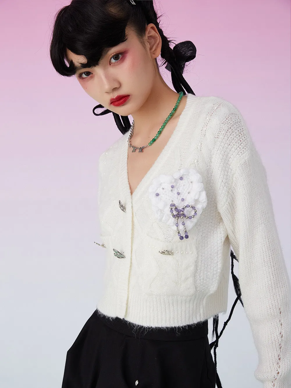 MUKZIN Knit V-Neck Beads Decorated White Cardigan