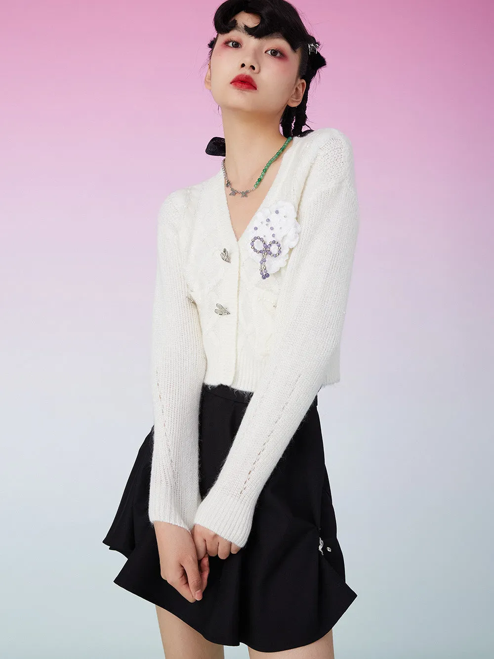 MUKZIN Knit V-Neck Beads Decorated White Cardigan
