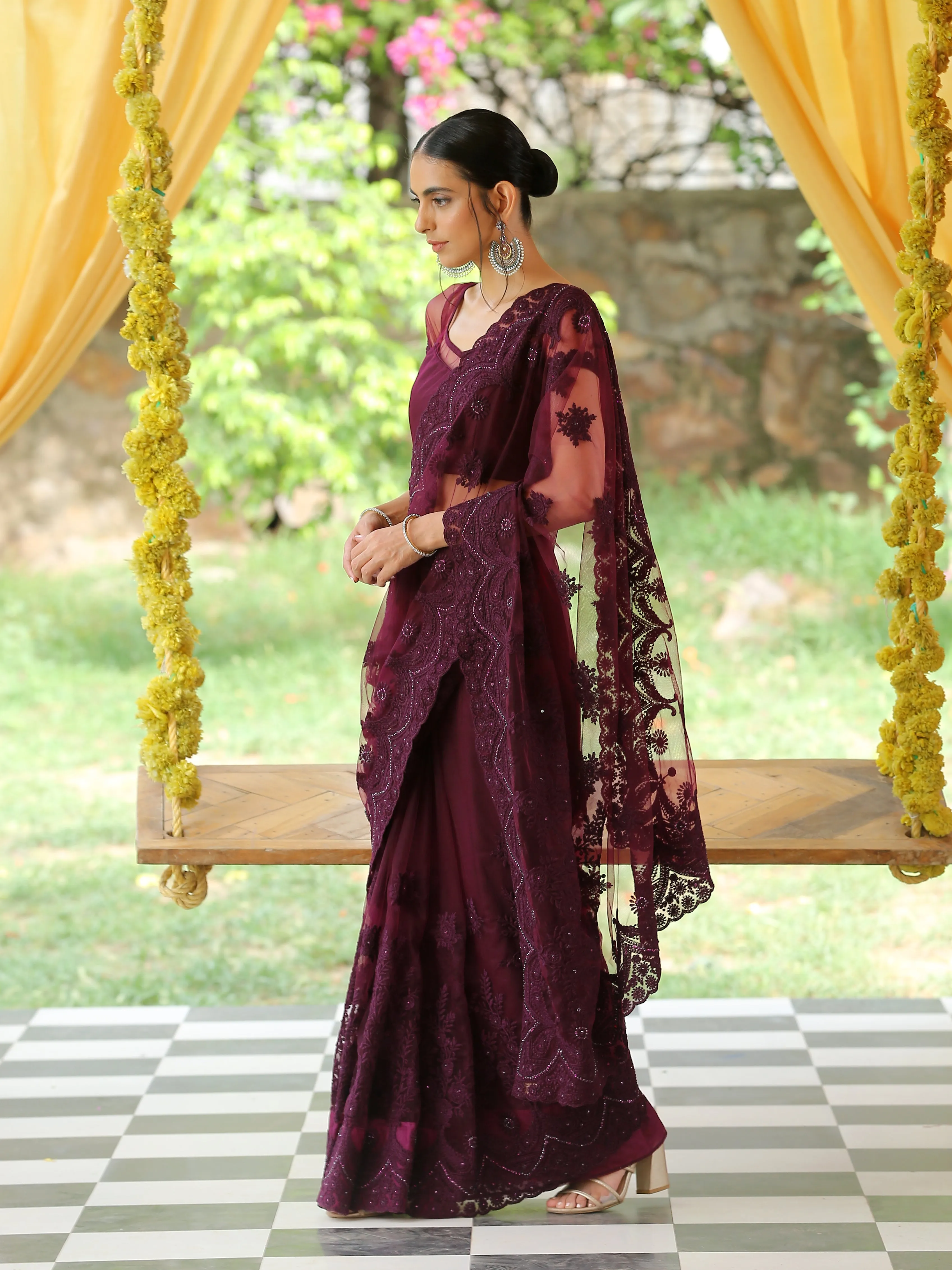 Mulberry Wine Net Saree with Embroidery & Scalloping