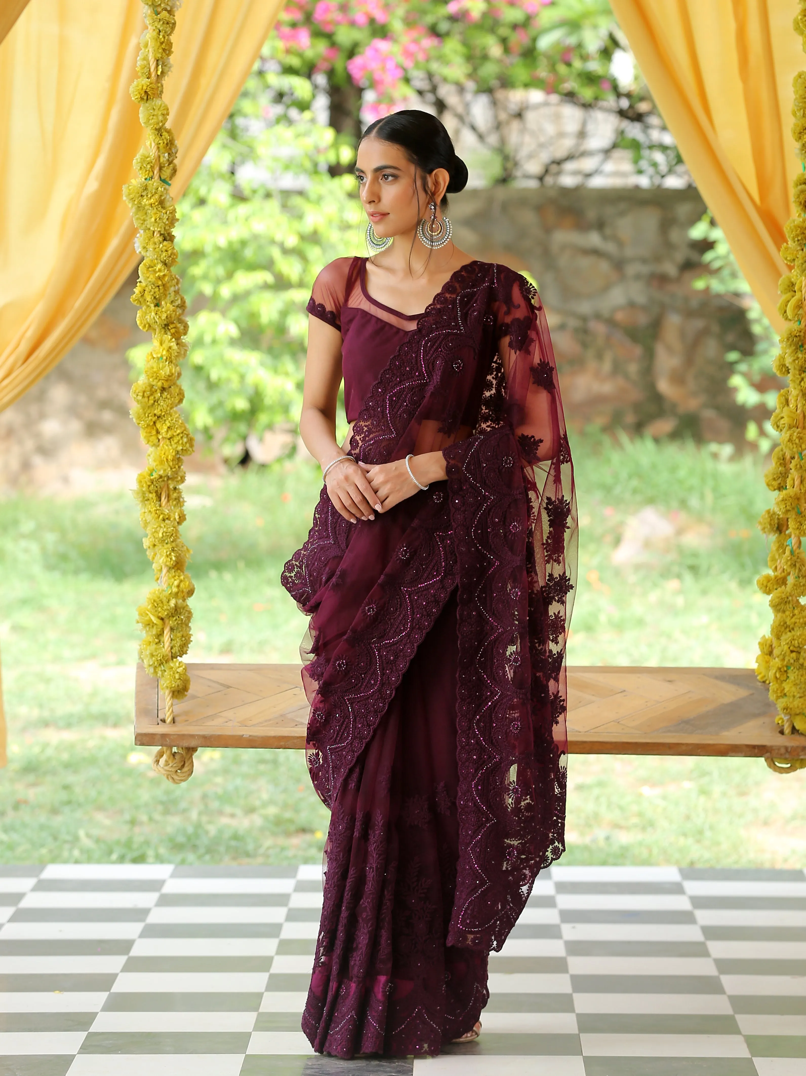 Mulberry Wine Net Saree with Embroidery & Scalloping