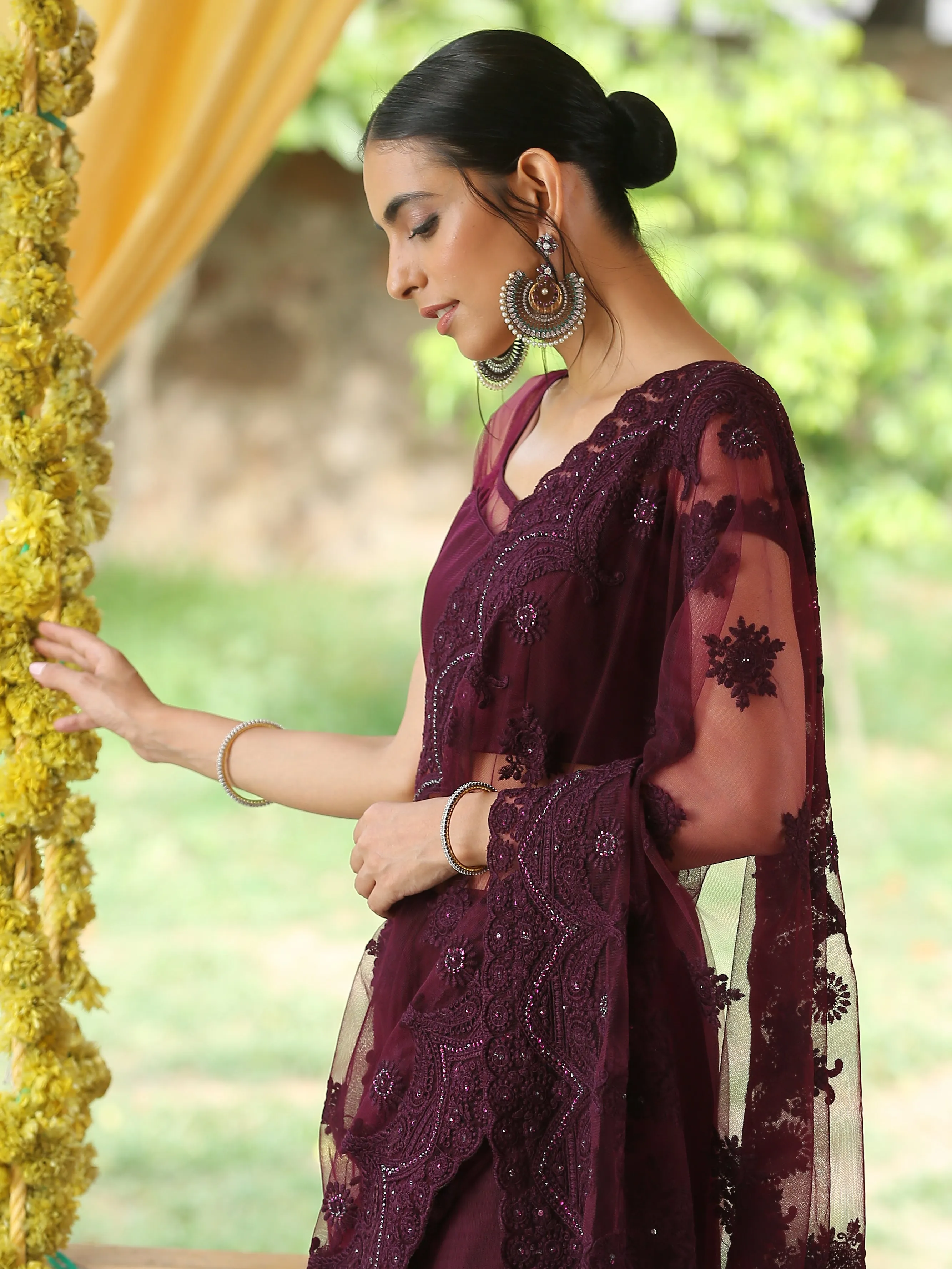 Mulberry Wine Net Saree with Embroidery & Scalloping
