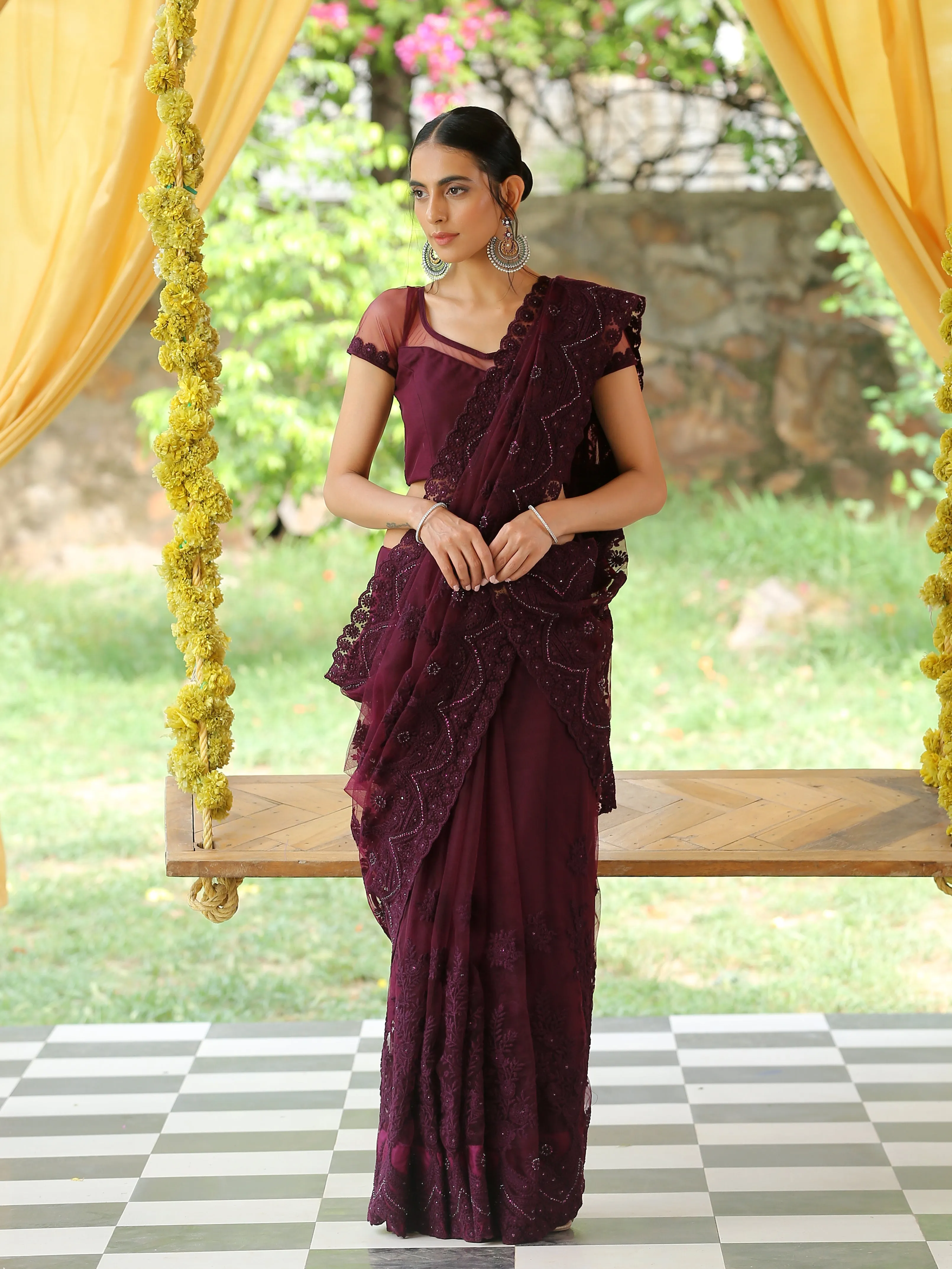 Mulberry Wine Net Saree with Embroidery & Scalloping