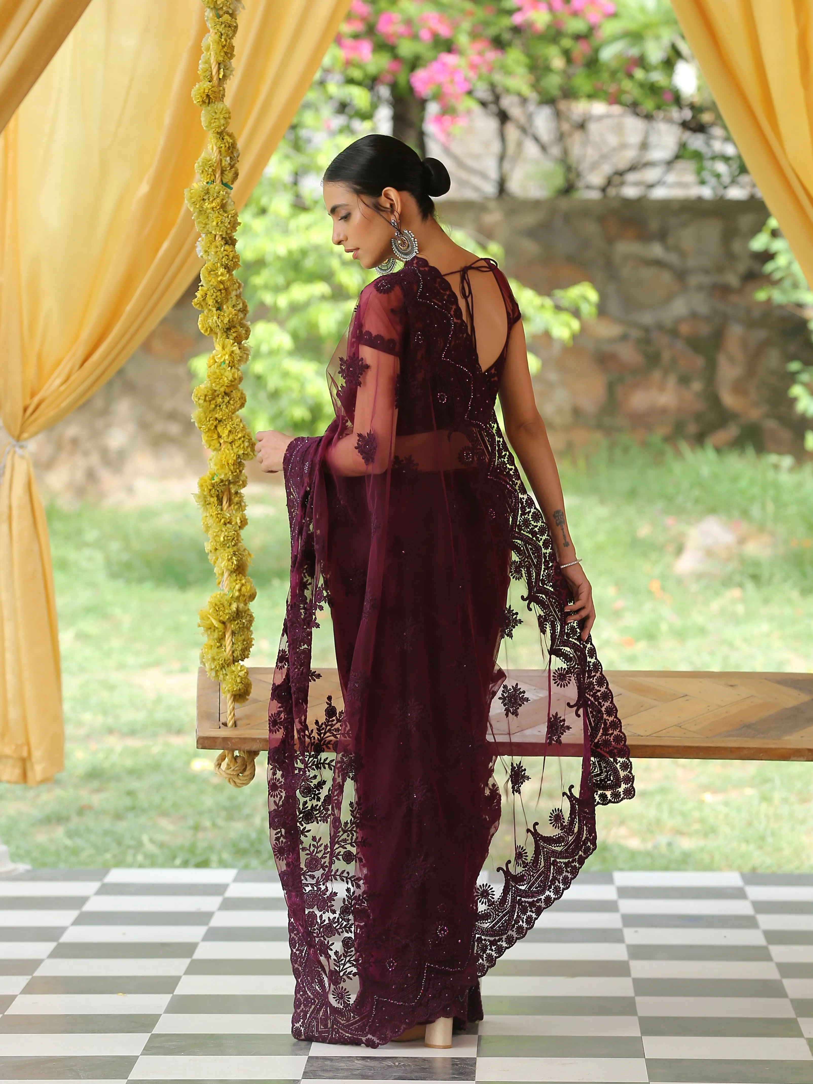 Mulberry Wine Net Saree with Embroidery & Scalloping