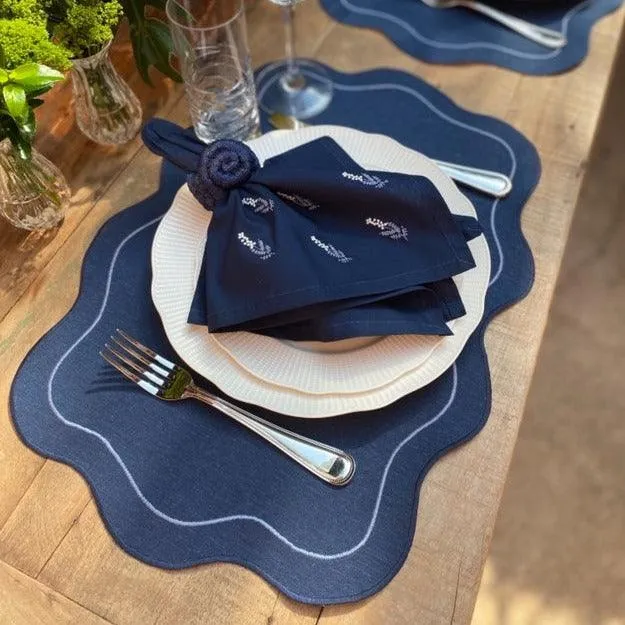 Navy Napkin & Mat with Off White and Blue Atena Small Flowers embroidery