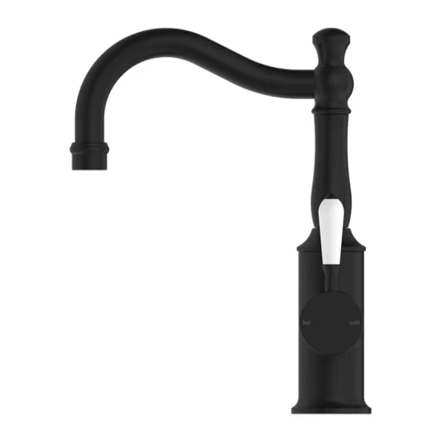 Nero York Basin Mixer Hook Spout With White Porcelain Lever Matte Black