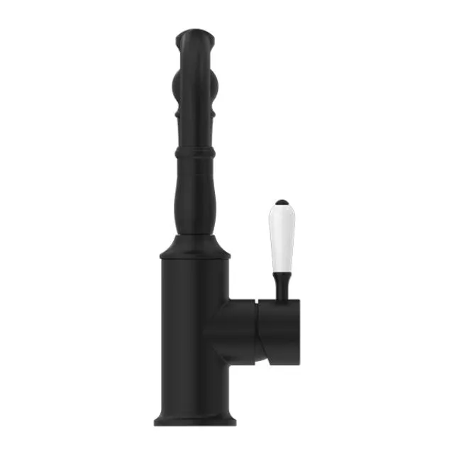Nero York Basin Mixer Hook Spout With White Porcelain Lever Matte Black