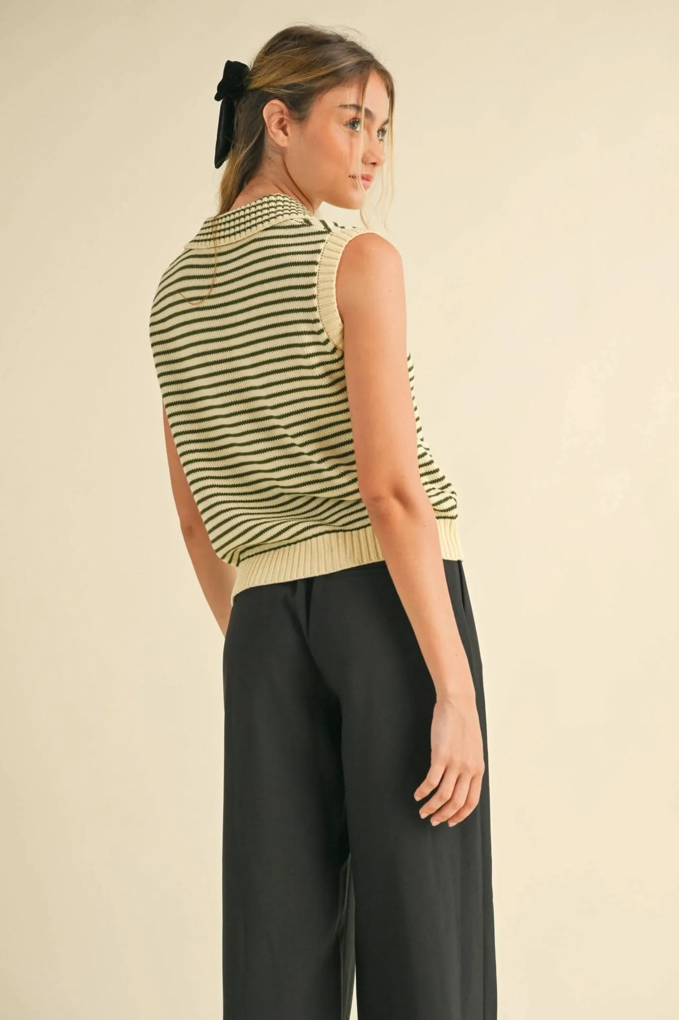 Olive Striped Sleeveless Knit Top