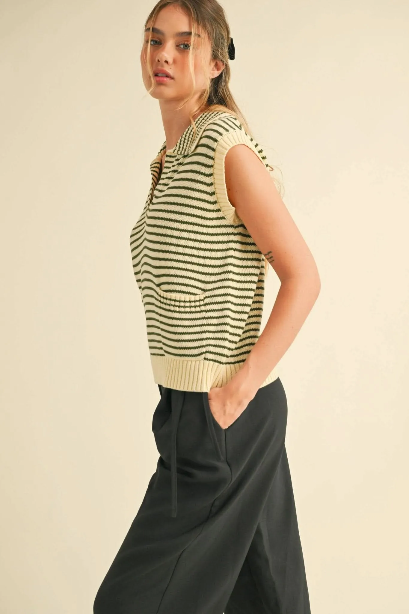 Olive Striped Sleeveless Knit Top