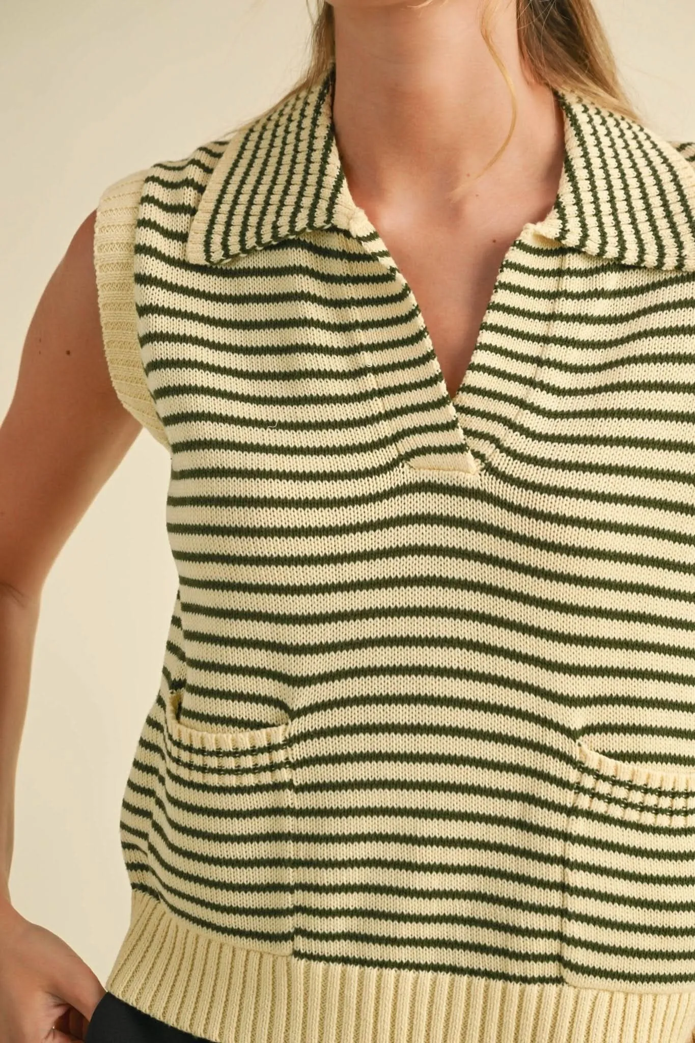 Olive Striped Sleeveless Knit Top
