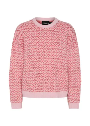 Pieces - Pink Heart Knit Jumper