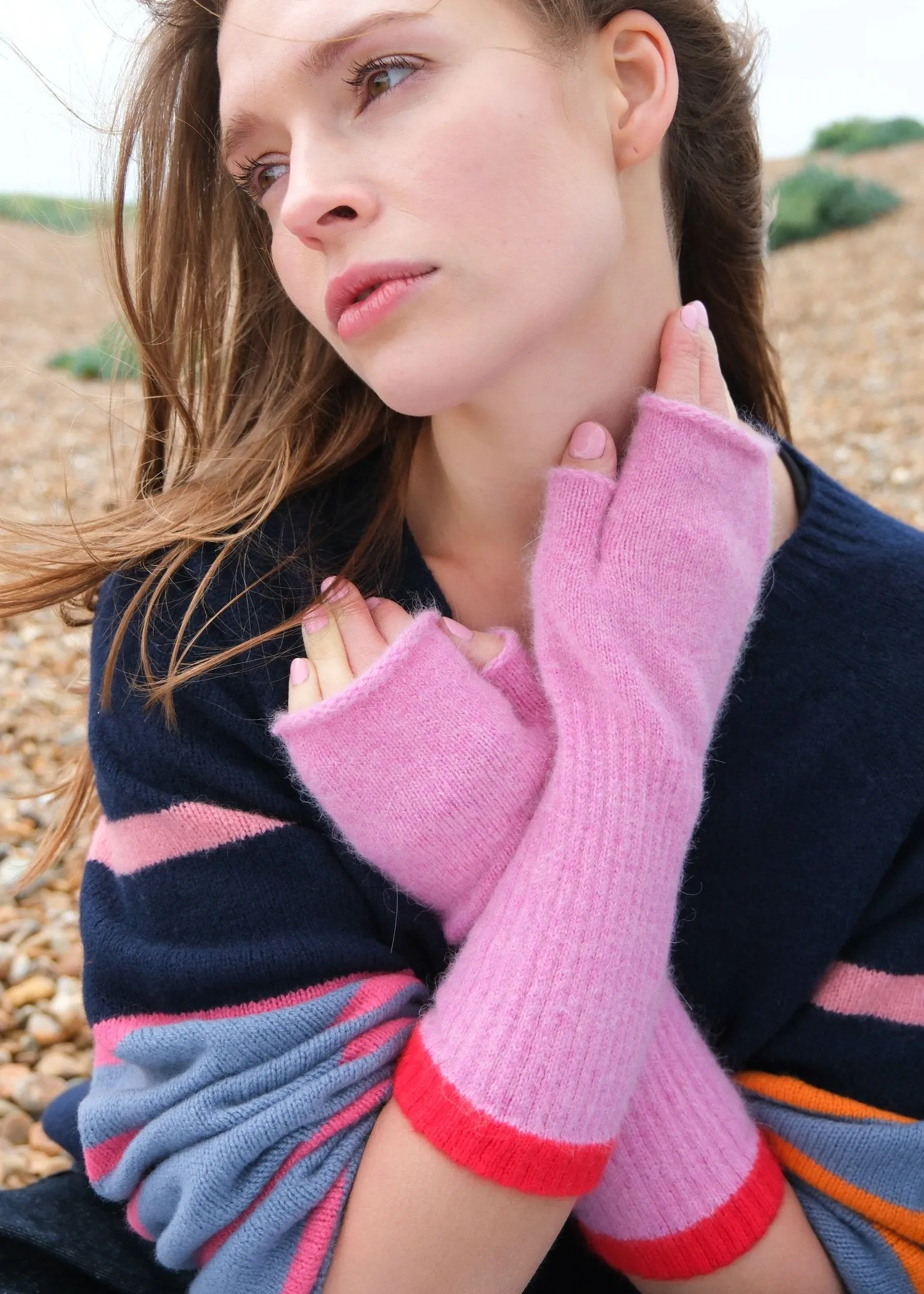 Pink Fingerless Wristwarmers with Contrast Cuff Edge in Red by Quinton   Chadwick
