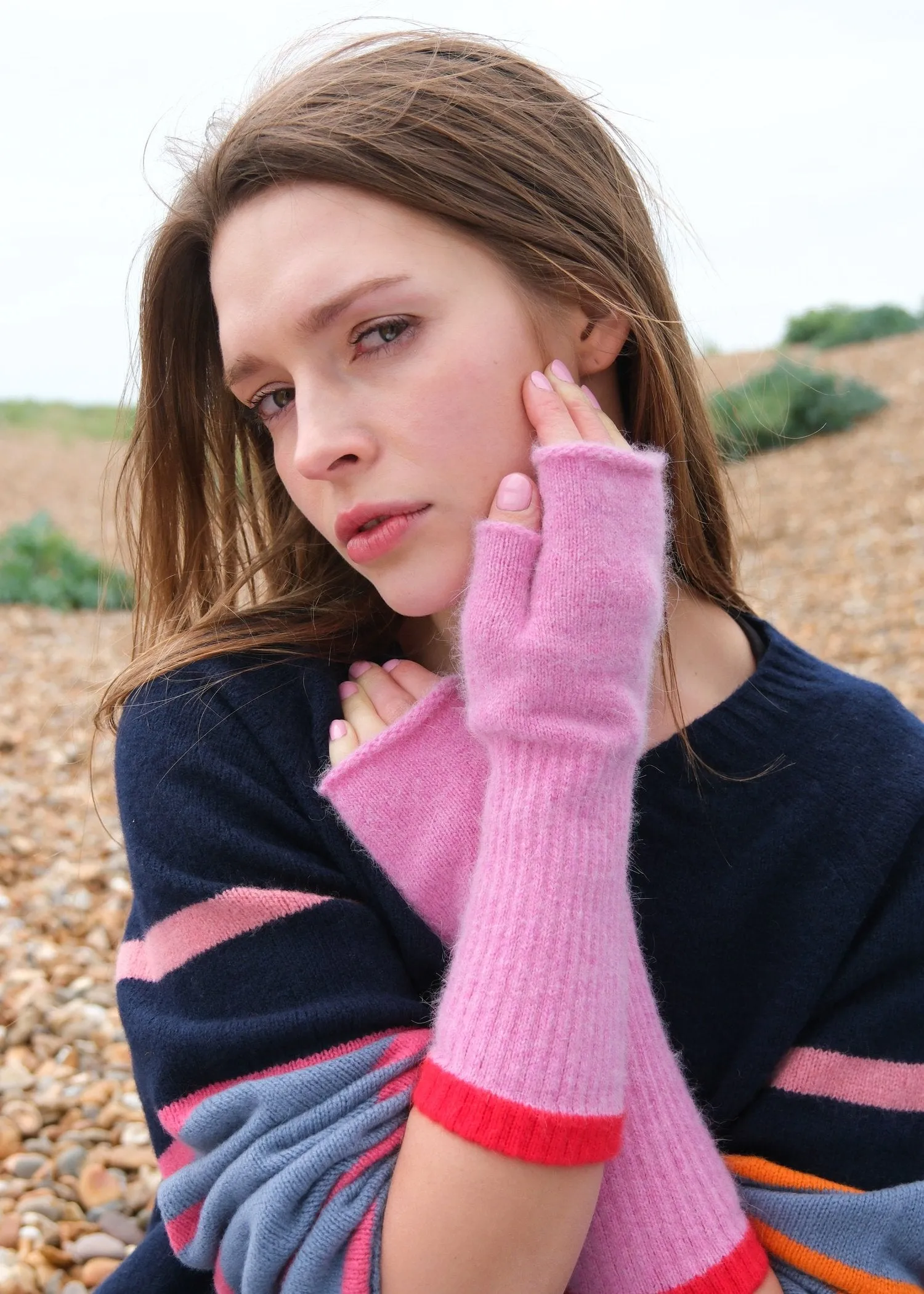 Pink Fingerless Wristwarmers with Contrast Cuff Edge in Red by Quinton   Chadwick