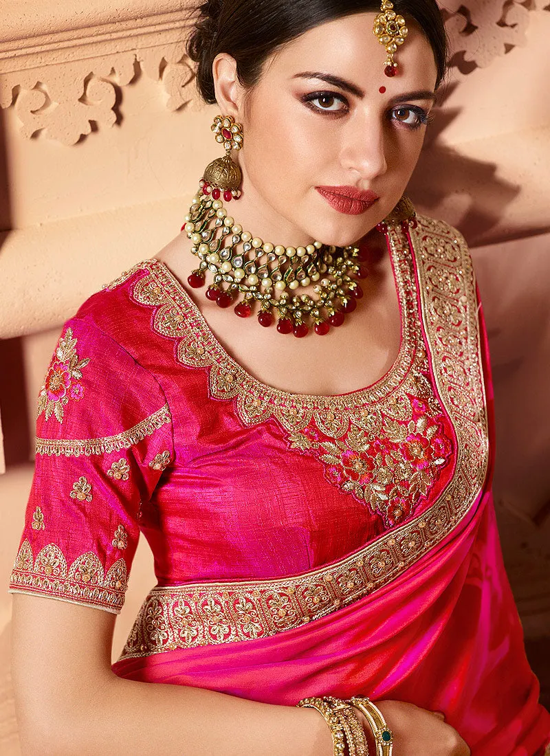 Pink Two Tone Traditional Multi Embroidered Designer Silk Saree