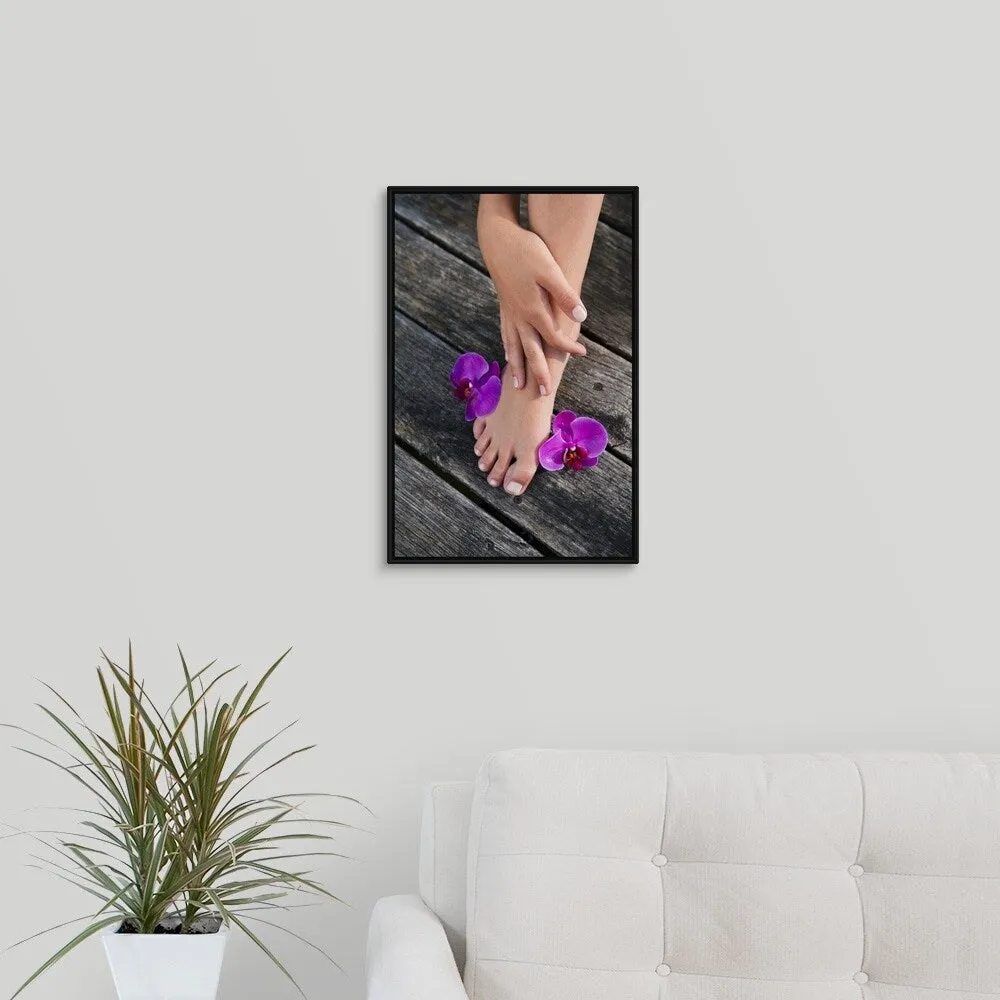 "A womans foot with purple orchid flowers" Black Float Frame Canvas Art