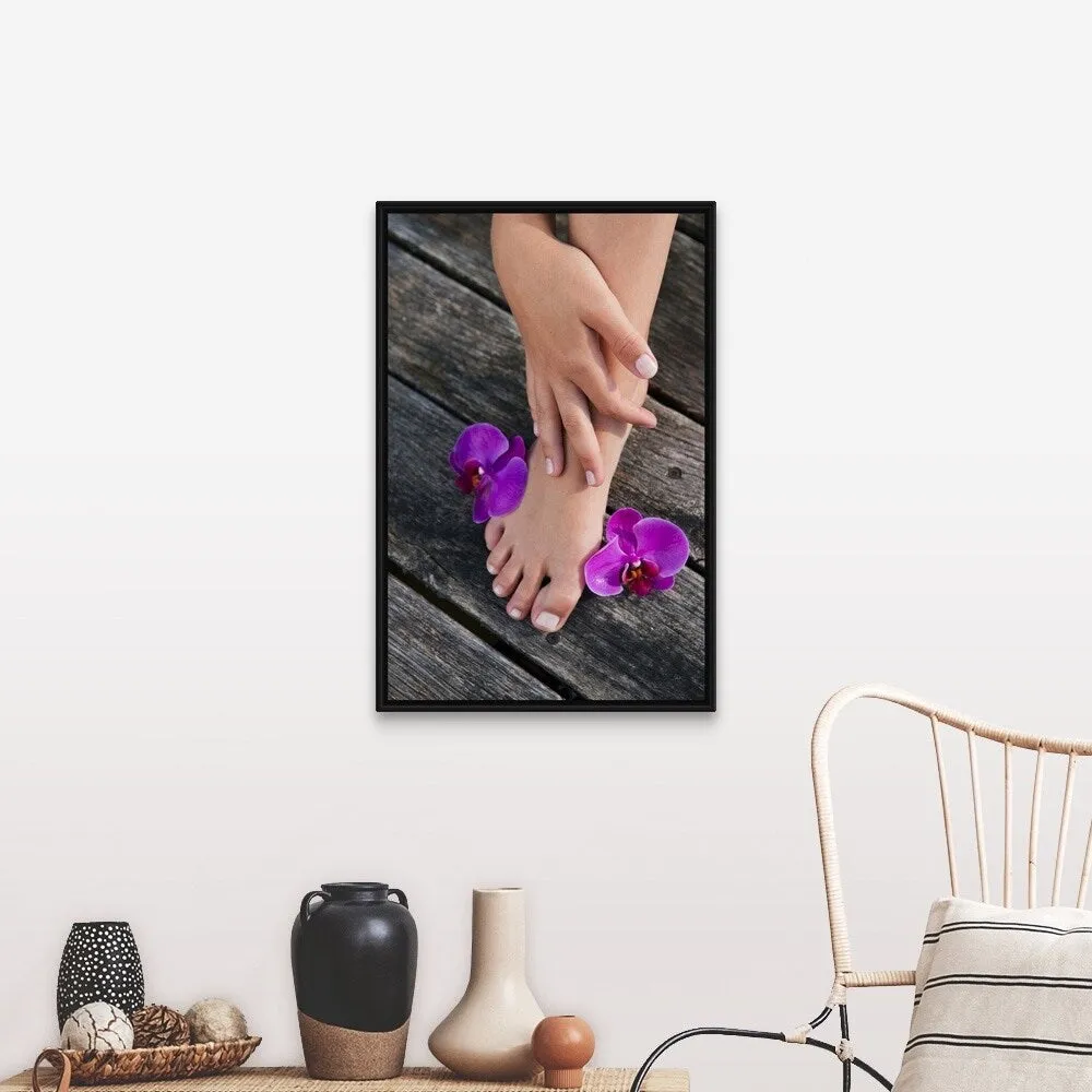 "A womans foot with purple orchid flowers" Black Float Frame Canvas Art