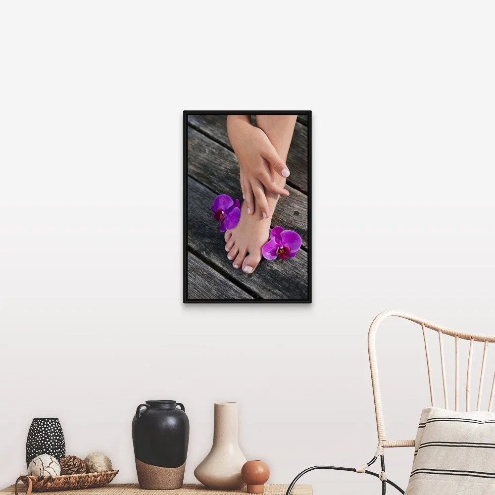 "A womans foot with purple orchid flowers" Black Float Frame Canvas Art