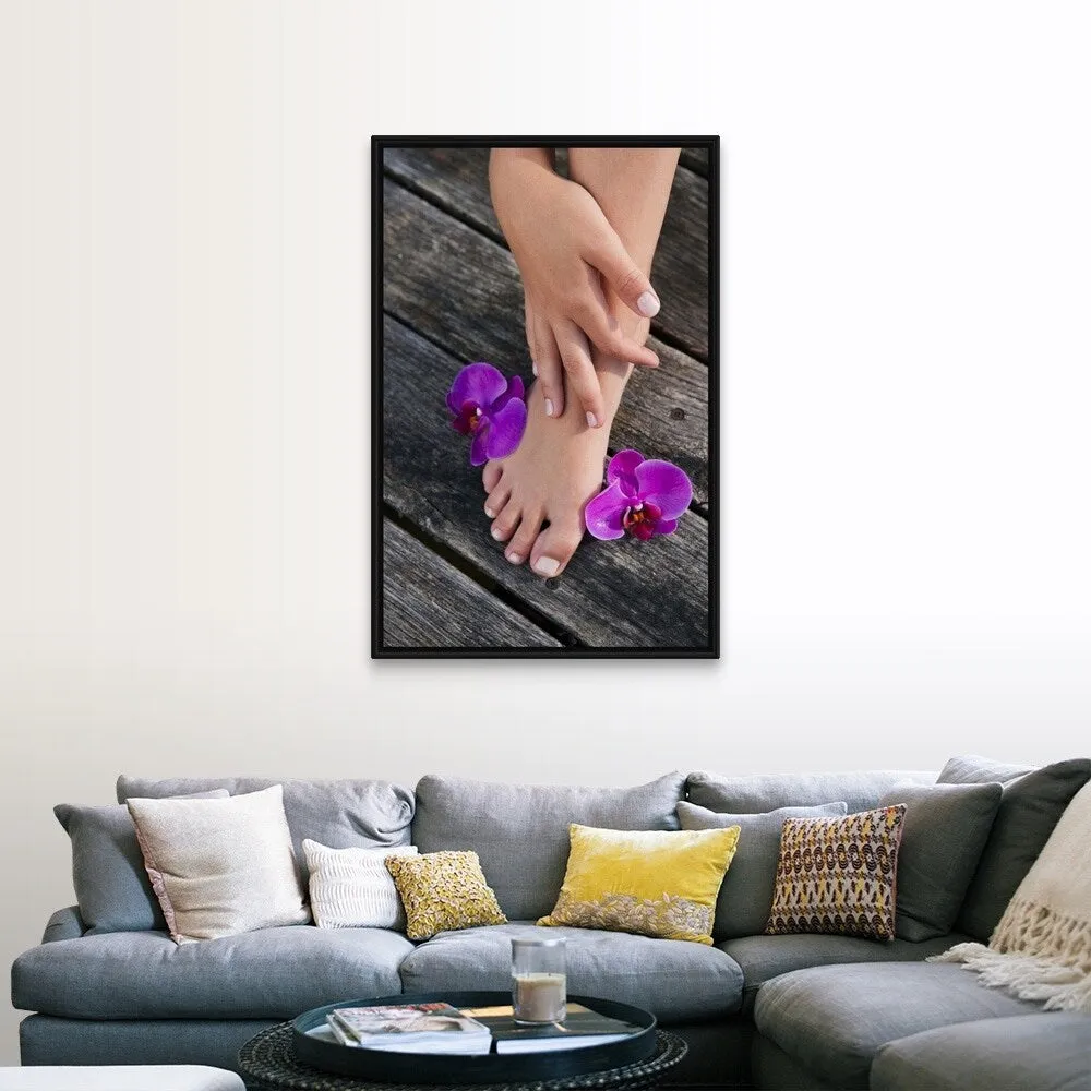 "A womans foot with purple orchid flowers" Black Float Frame Canvas Art