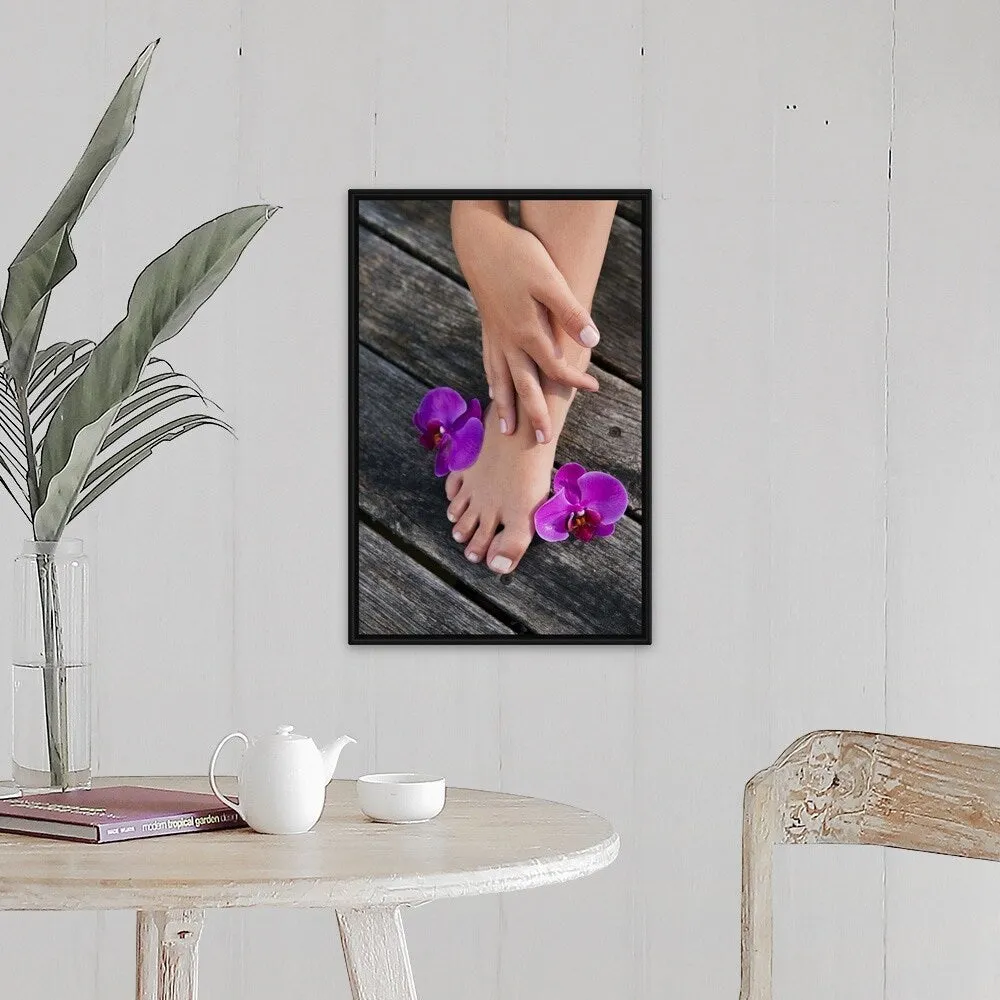 "A womans foot with purple orchid flowers" Black Float Frame Canvas Art