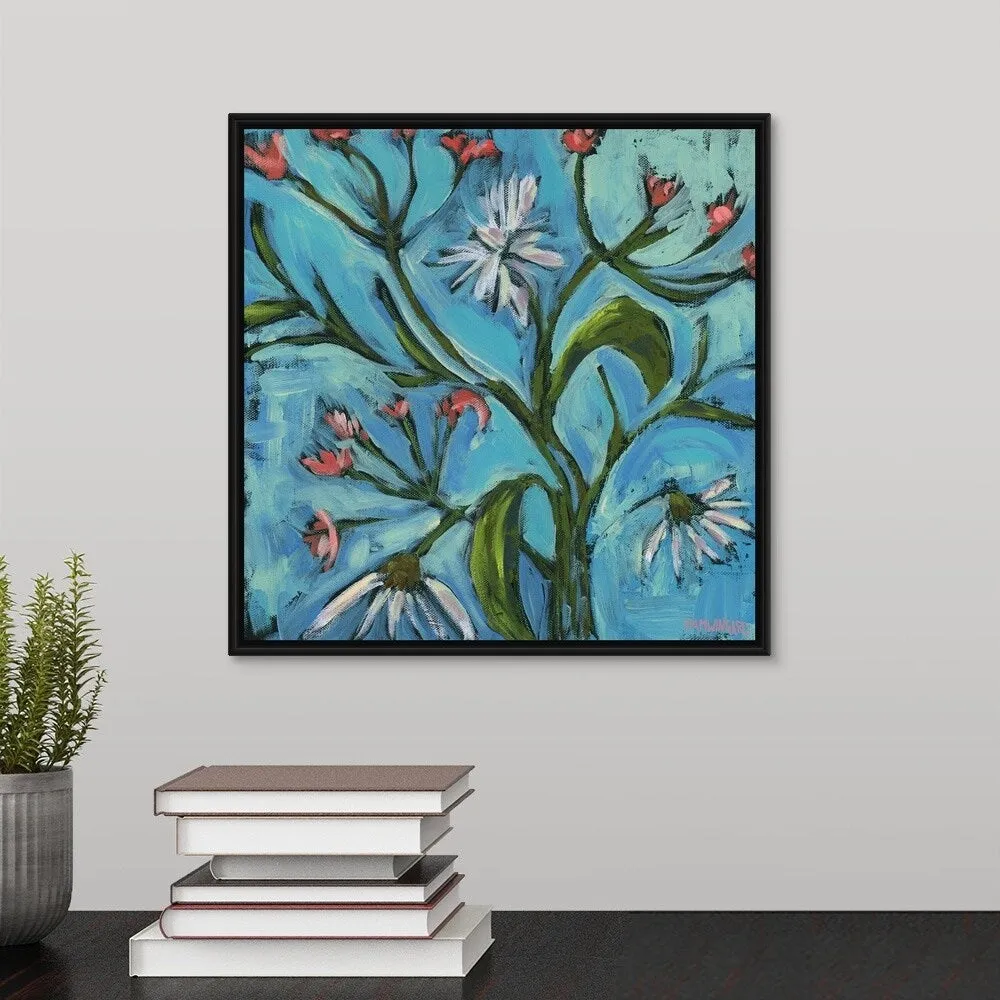 "Blue Daisy Pattern" Black Float Frame Canvas Art
