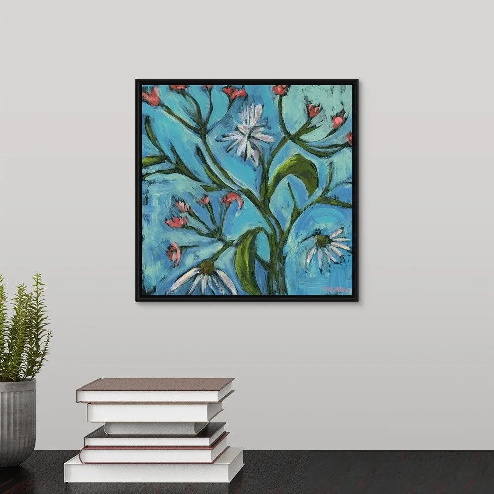 "Blue Daisy Pattern" Black Float Frame Canvas Art