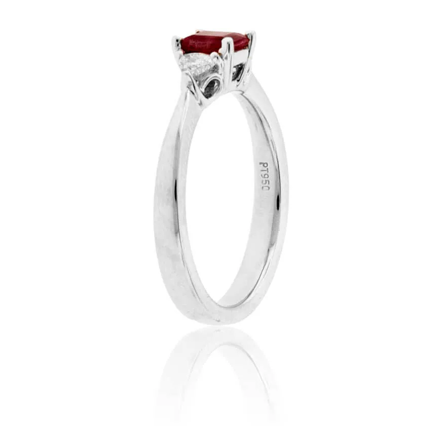 Red Beryl Emerald & Round Diamond Platinum Ring