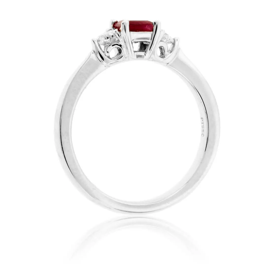Red Beryl Emerald & Round Diamond Platinum Ring