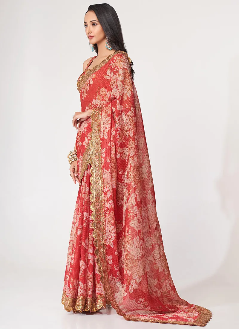 Red Floral Print And Sequence Embroidery Organza Saree
