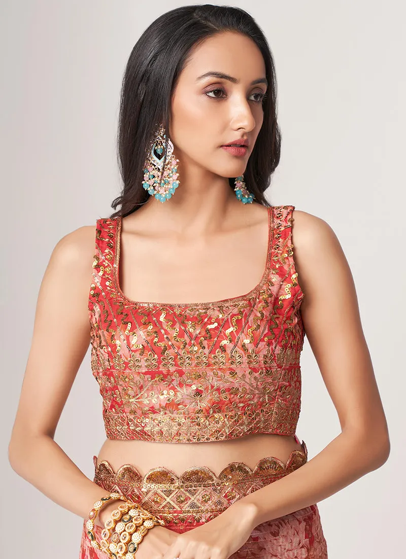 Red Floral Print And Sequence Embroidery Organza Saree