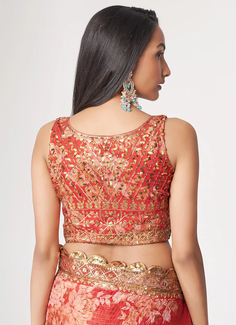 Red Floral Print And Sequence Embroidery Organza Saree
