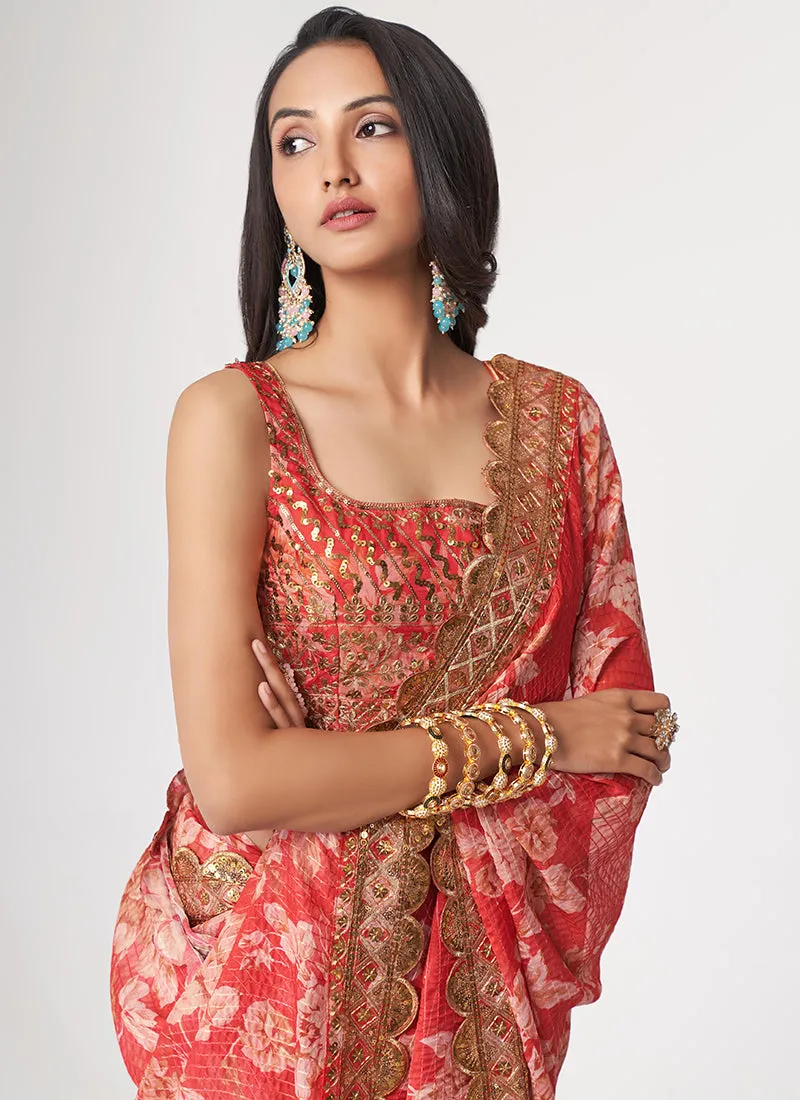Red Floral Print And Sequence Embroidery Organza Saree