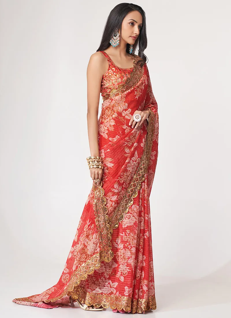 Red Floral Print And Sequence Embroidery Organza Saree