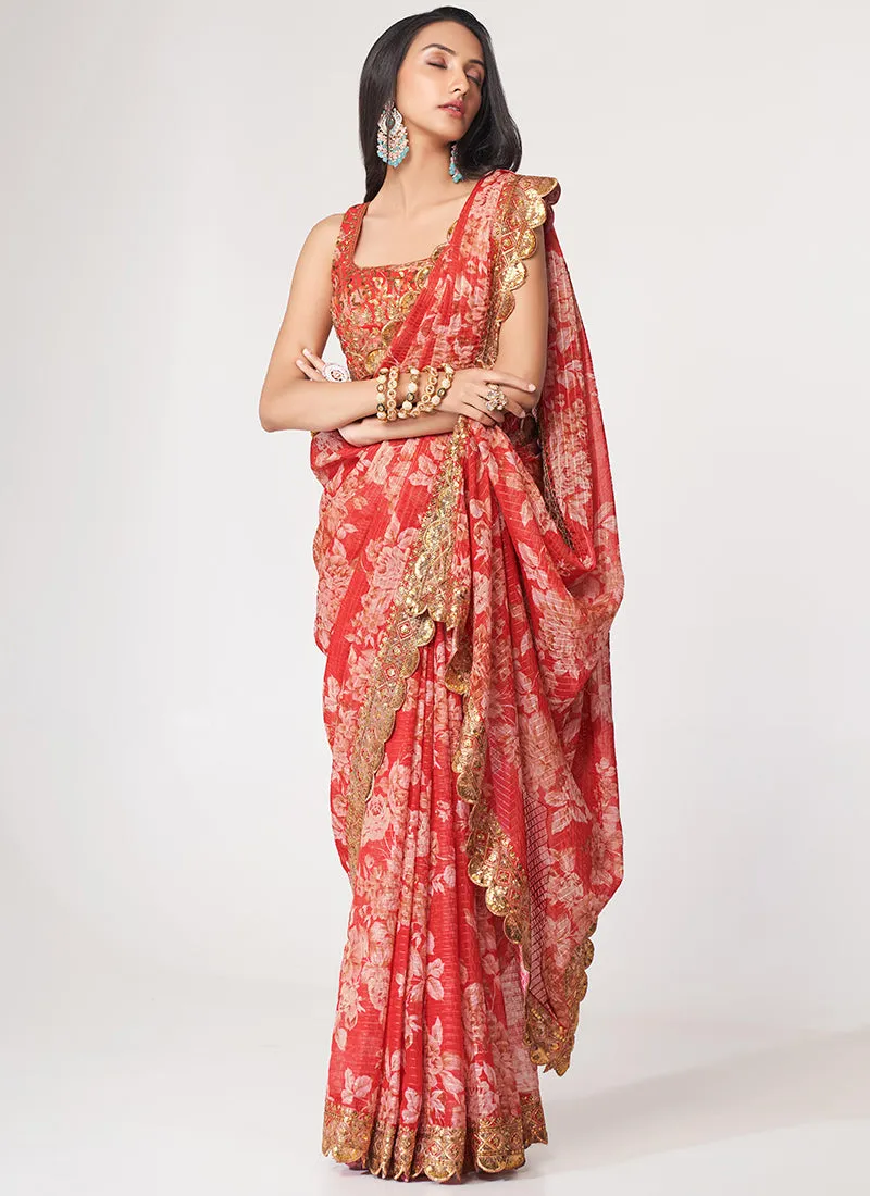 Red Floral Print And Sequence Embroidery Organza Saree