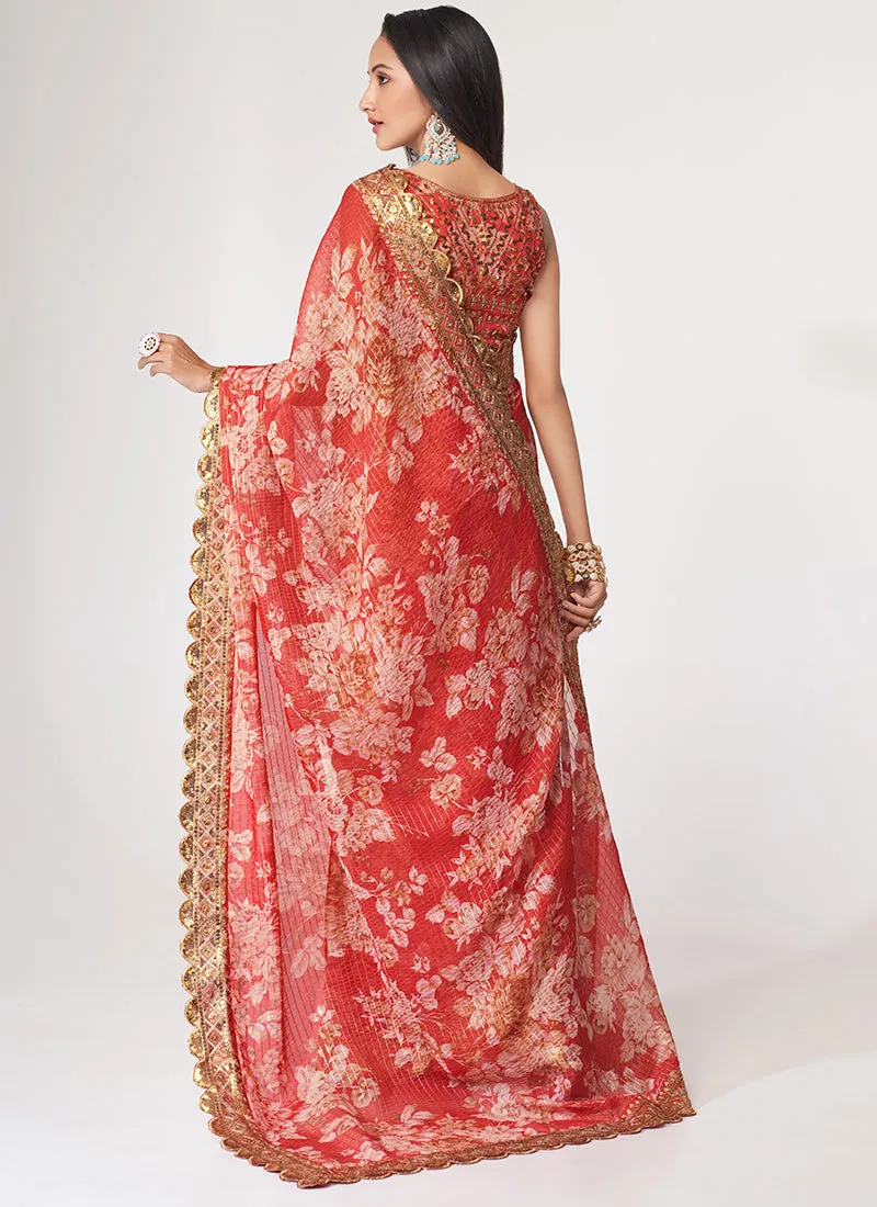 Red Floral Print And Sequence Embroidery Organza Saree