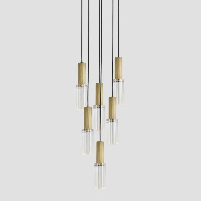 Reeded Glass and Brass Chandelier Pendant | Large