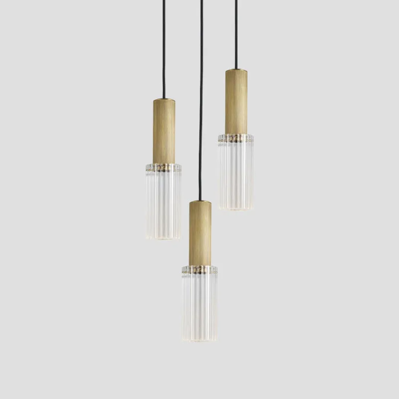Reeded Glass and Brass Chandelier Pendant | Large