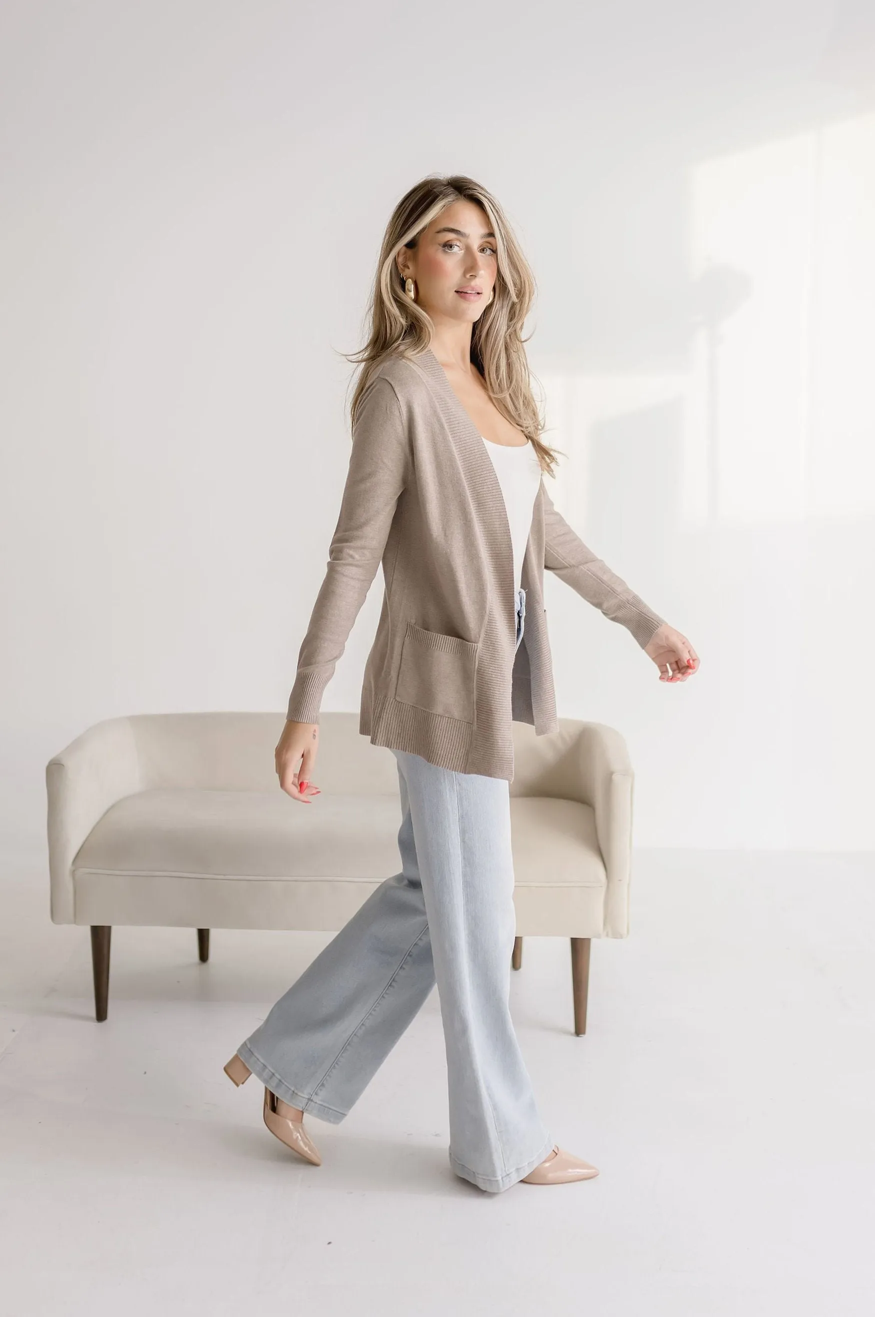 Rory Long Sleeve Open Front Knit Cardigan Taupe