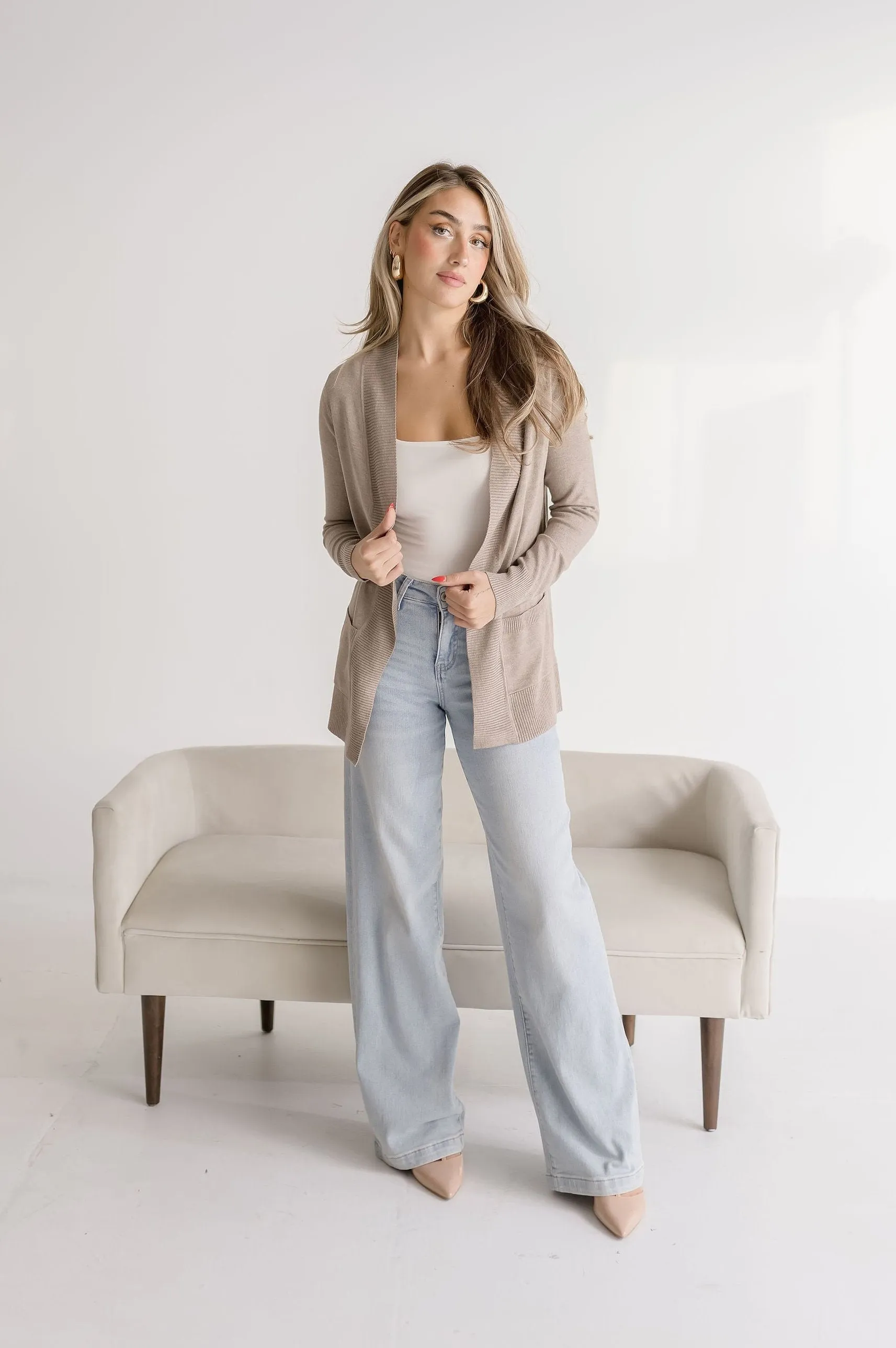 Rory Long Sleeve Open Front Knit Cardigan Taupe